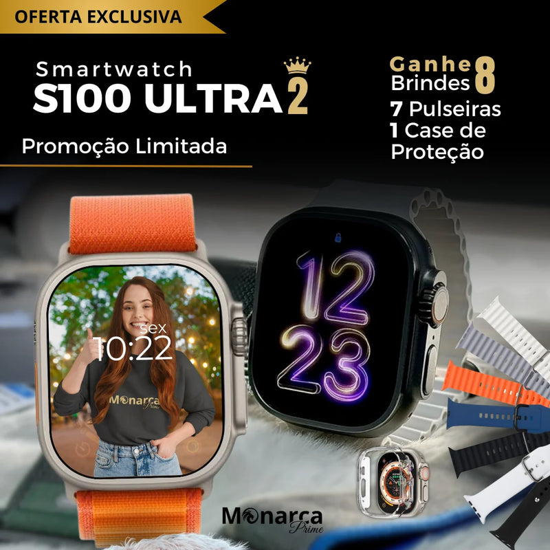 Kit: Smartwatch S100 Ultra 2® + [8 Brindes: 7 Pulseiras e Uma Case De Proteção]